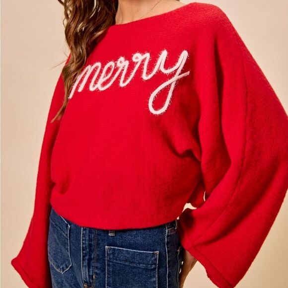 SO ME Tinsel Letters Cozy Christmas Sweater Baggy Top Red 'Merry' Text size Smal - Picture 6 of 11